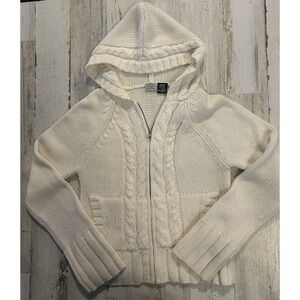 Arizona Hooded Sweater Medium Full Zip Pockets Cable Knit Ribbed Cream